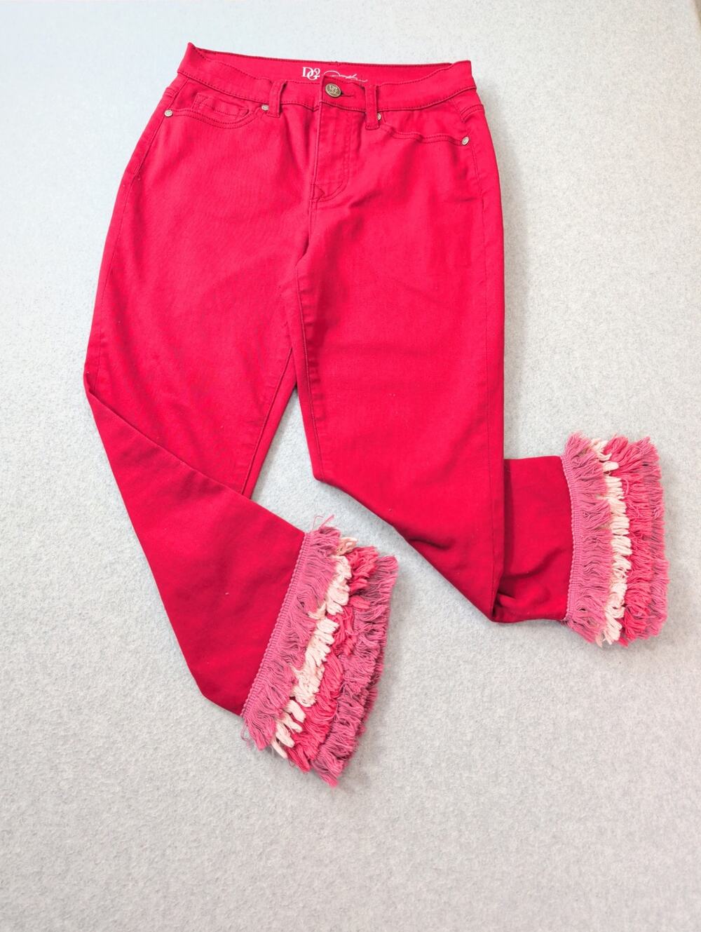 DG2 Diane Gilman Red Stretch Cropped Pants SZ 8 Fringe Hem Boho Festival Jeans